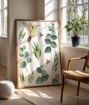 Illustration d'un colibri à l'aquarelle et de feuilles d'eucalyptus