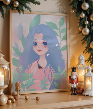 Illustration of a blue-haired girl surrounded by greenery