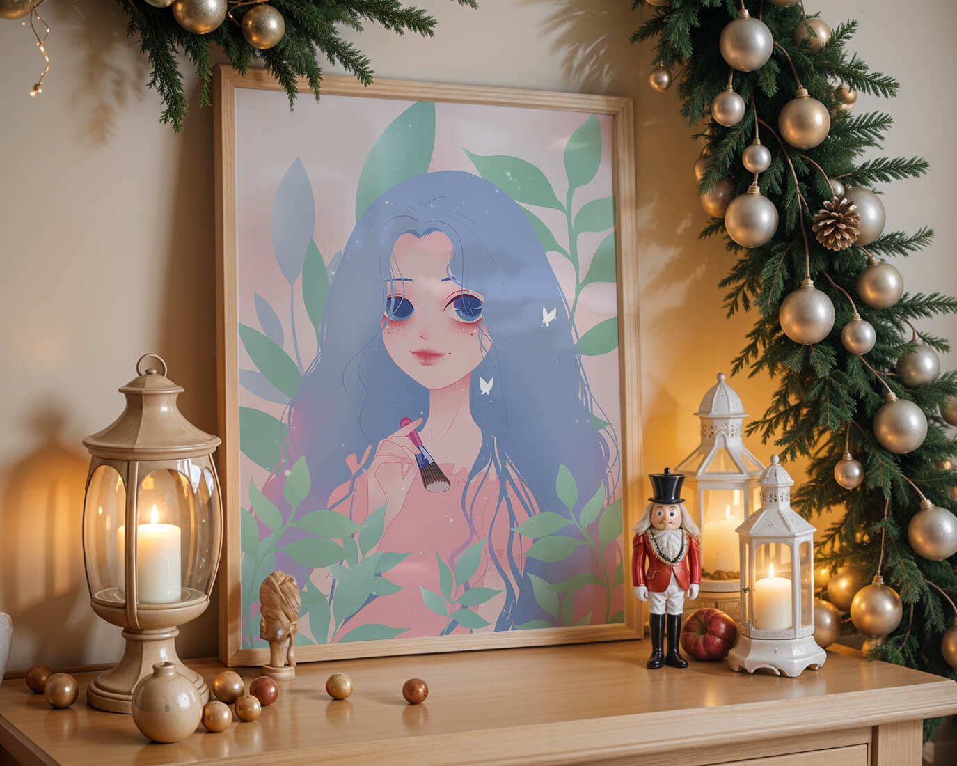 Illustration of a blue-haired girl surrounded by greenery