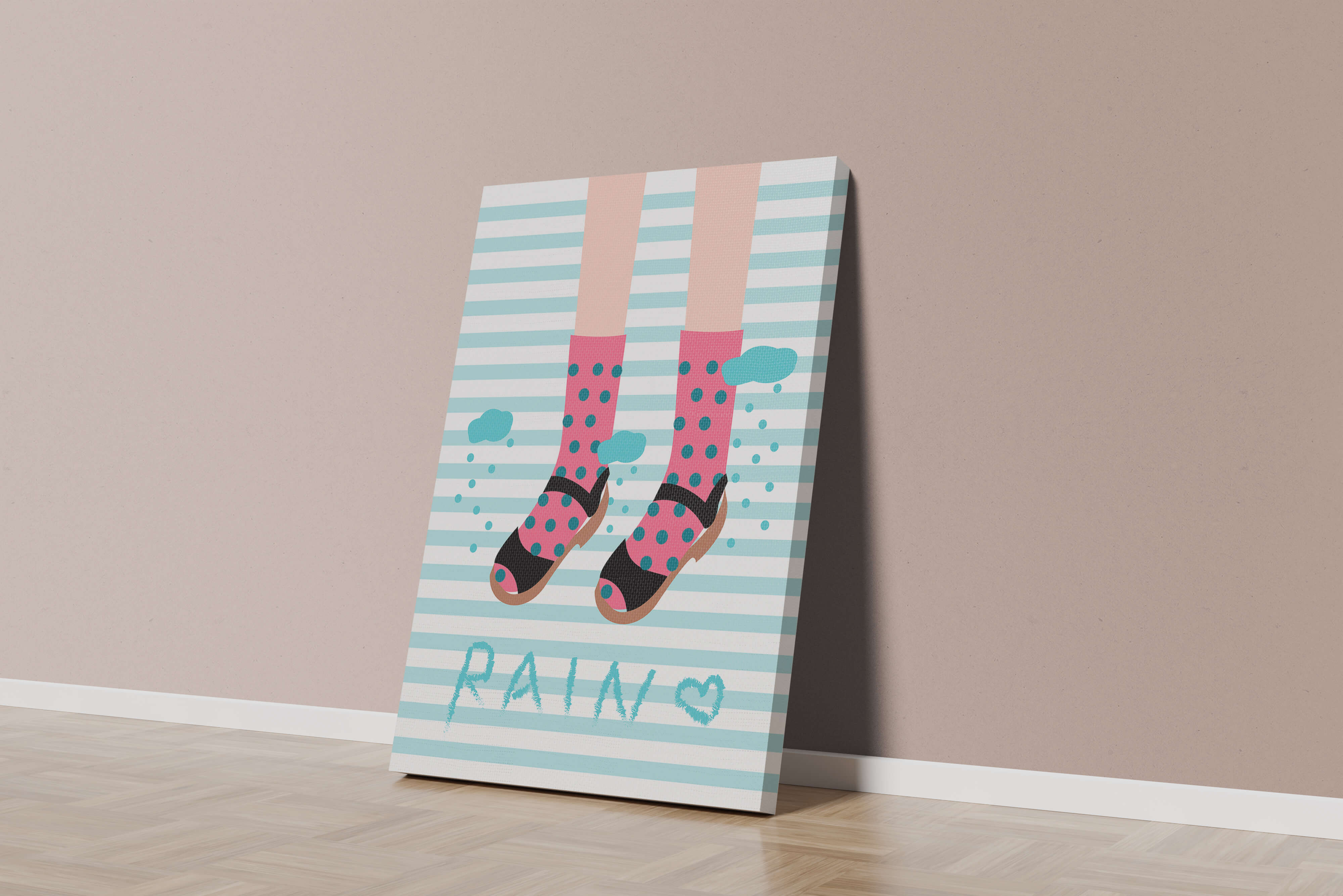 Illustration of polka dot socks and sandals on a striped background