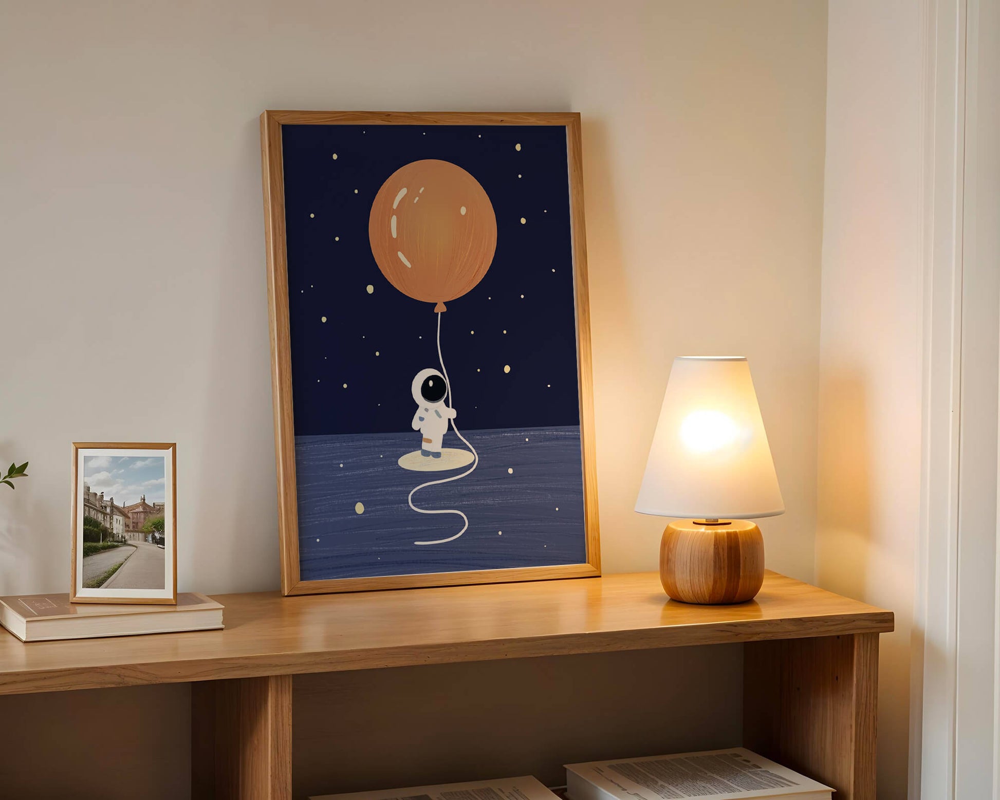 Charming Astronaut Holding Large Orange Balloon Under Starry Sky