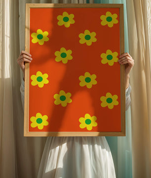 Buntes Blumenmuster mit gelben Blumen auf orangefarbenem Hintergrund