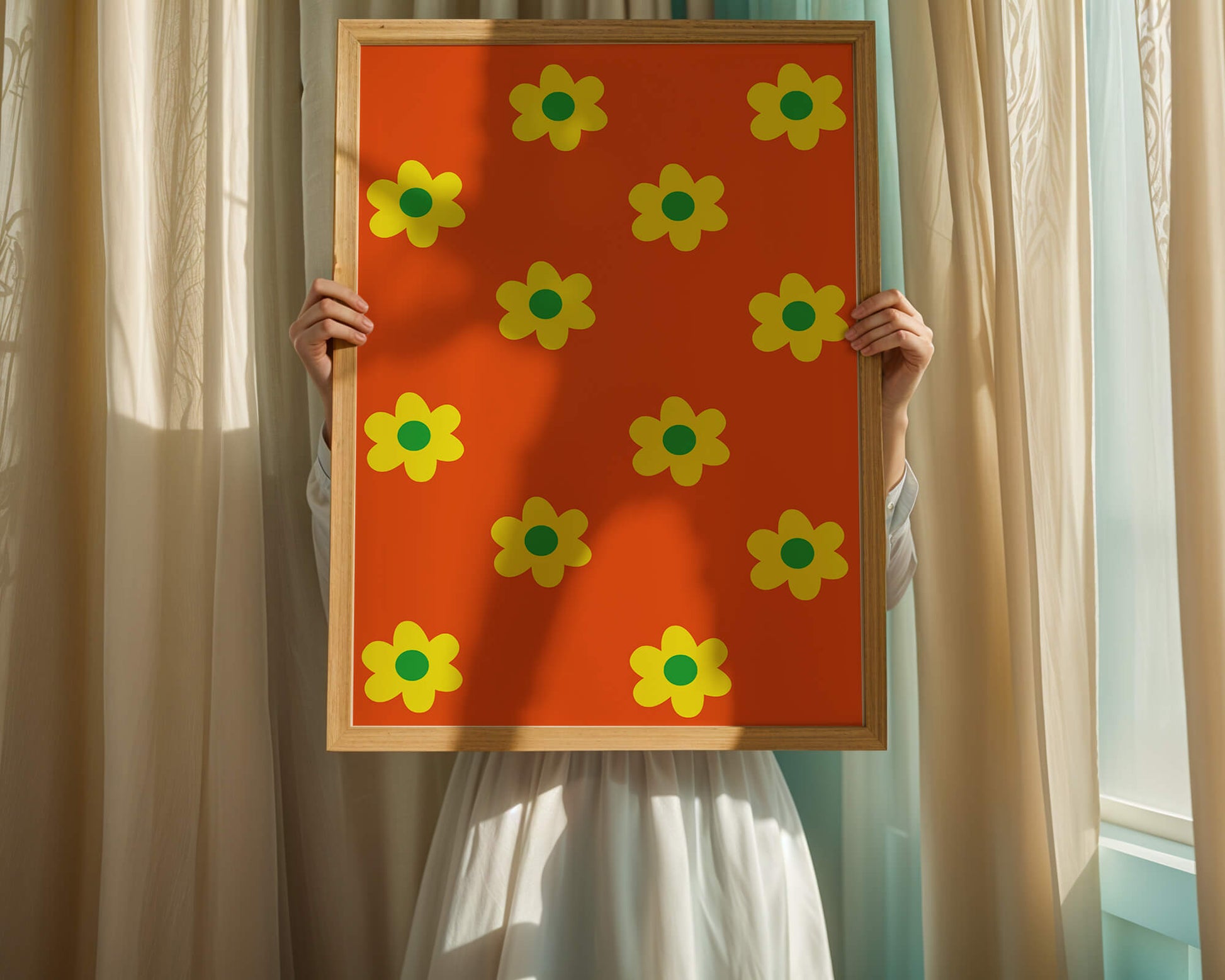Colorful floral pattern with yellow flowers on orange background