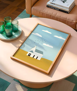 Paisaje minimalista con una casa blanca y cielo