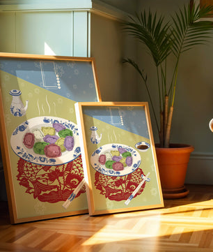 Colorful dumplings and tea set on decorative mat
