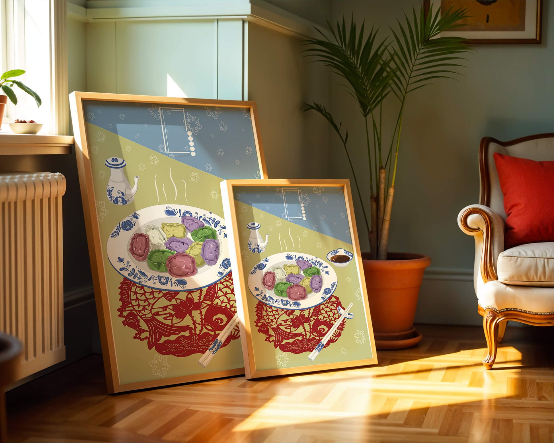 Colorful dumplings and tea set on decorative mat
