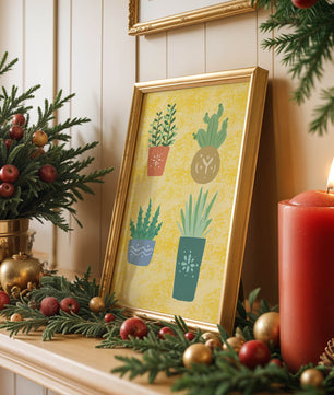 Illustrated potted plants on textured yellow background