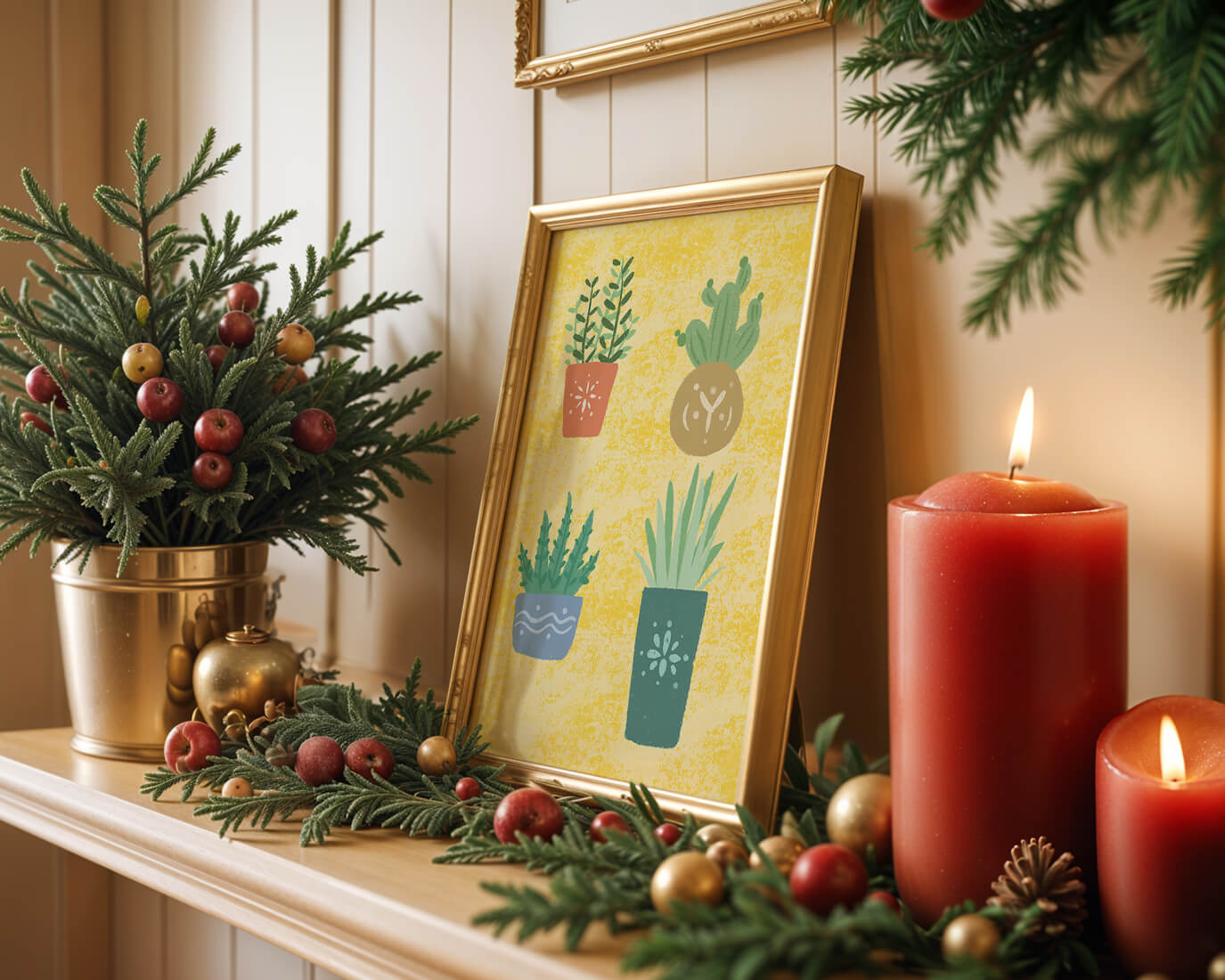 Illustrated potted plants on textured yellow background