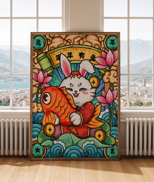 Festive rabbit holding golden fish with lotus flowers and waves in a traditional design