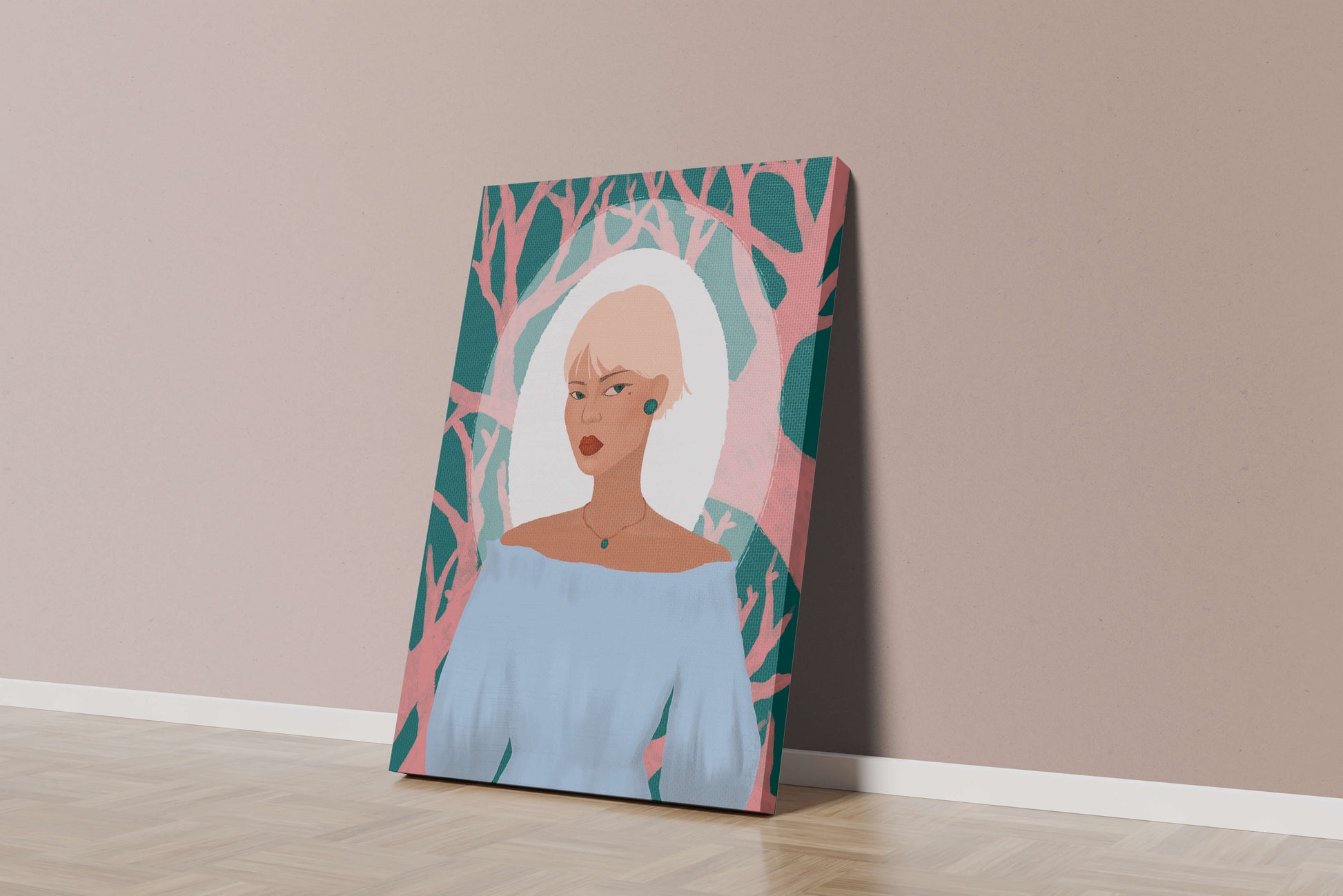 Illustration einer Frau mit einem pastellfarbenen Hintergrund aus abstrakten Bäumen