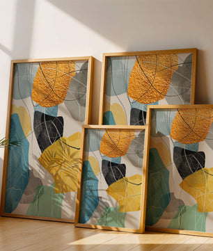 Abstrakte geometrische Kunst mit goldenen Akzenten und leuchtenden Farben