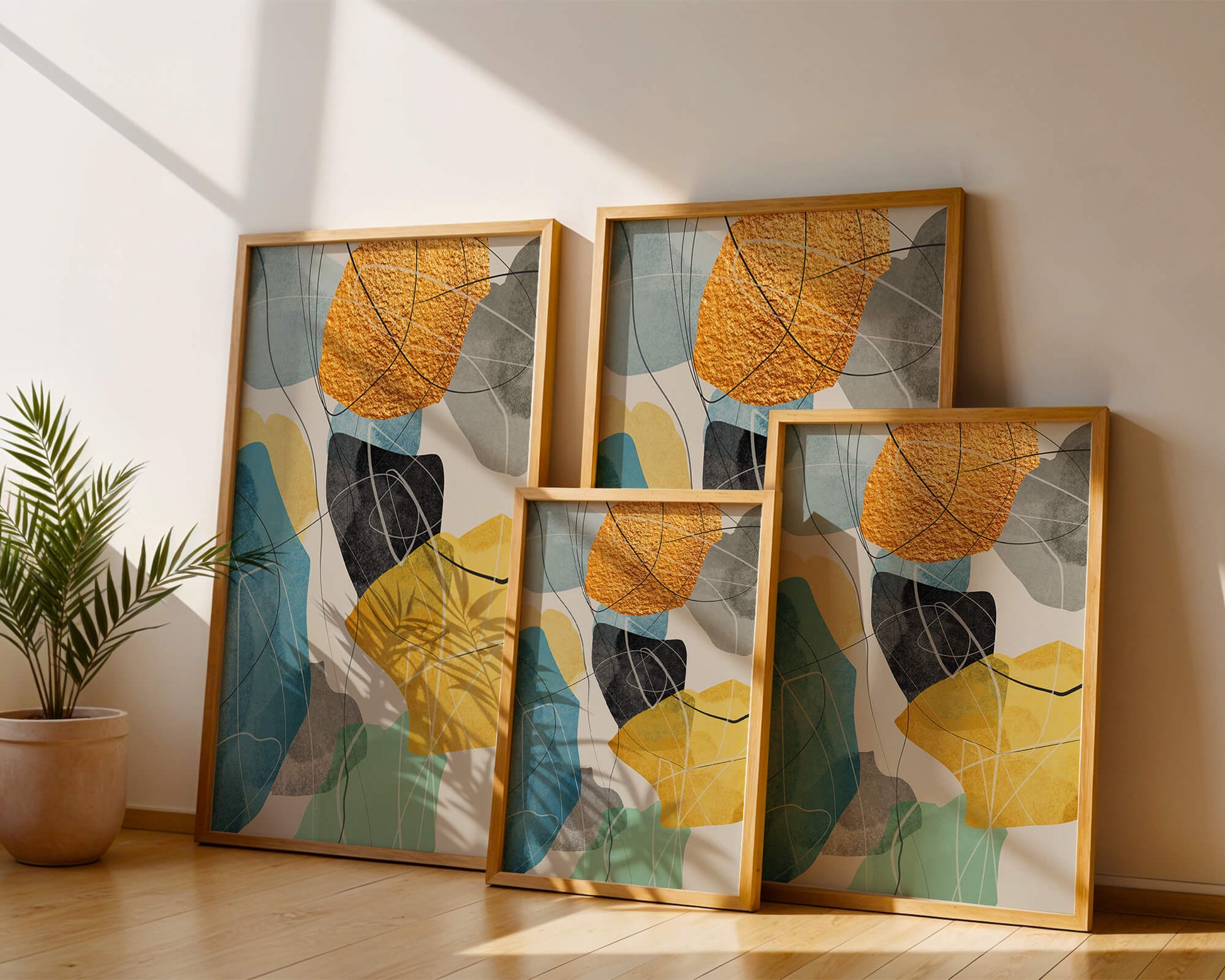 Arte geométrico abstracto con acentos dorados y colores vibrantes