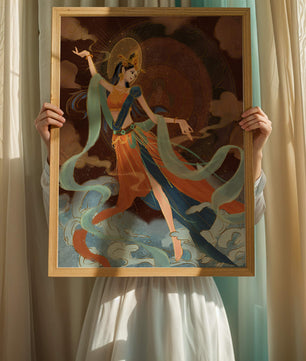 Elegant depiction of an ethereal dancer in vibrant traditional attire