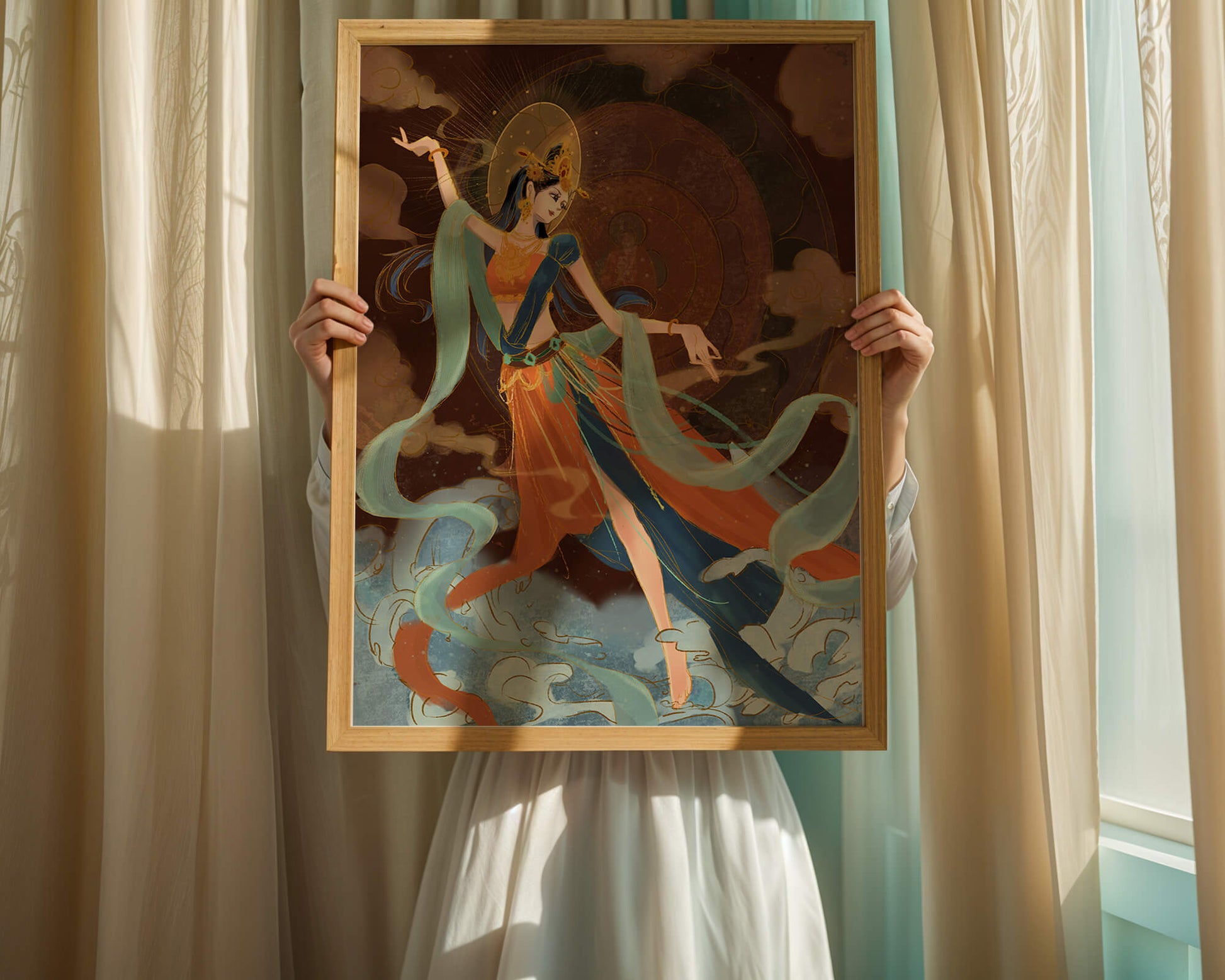 Representación elegante de una bailarina etérea con un vibrante atuendo tradicional.