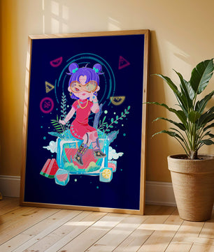 Personnage de dessin animé coloré avec des éléments futuristes