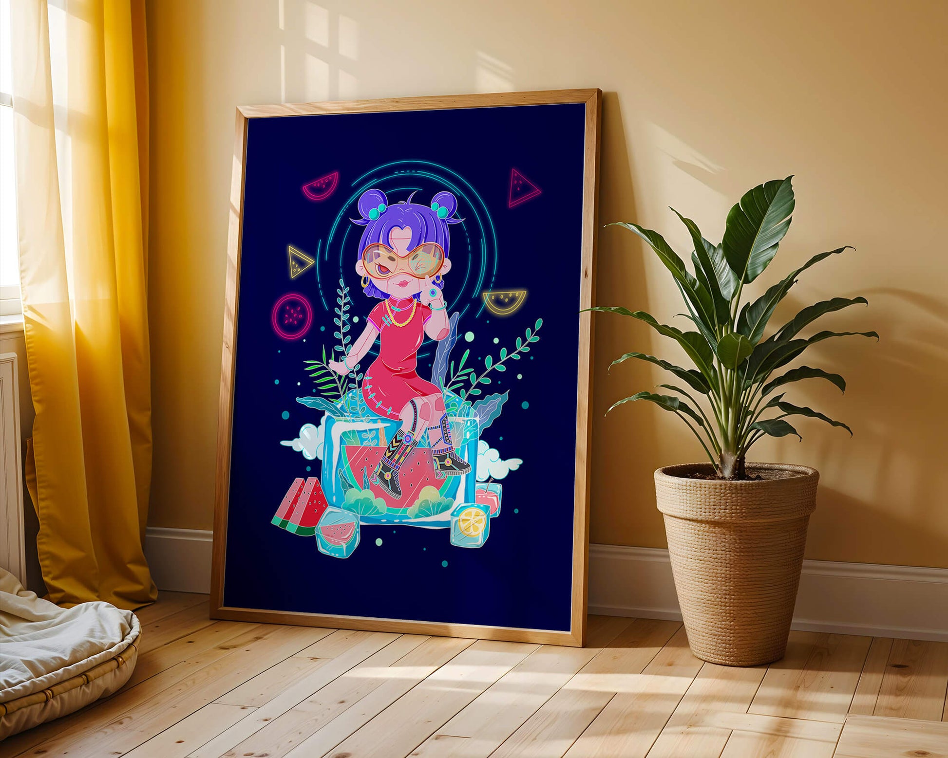 Personnage de dessin animé coloré avec des éléments futuristes