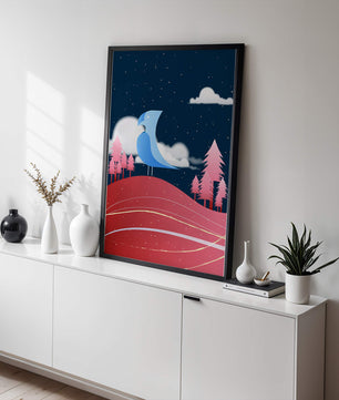 Colorful Night Scene with Blue Bird Under Starry Sky - Mi tienda