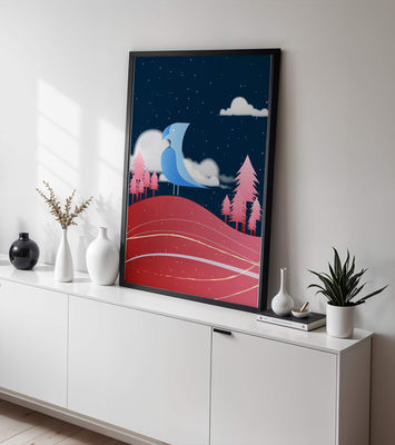 Colorful Night Scene with Blue Bird Under Starry Sky