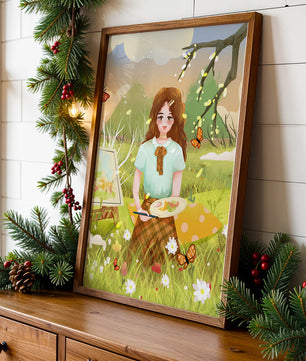 Ilustración de una chica pintando al aire libre rodeada de mariposas y flores