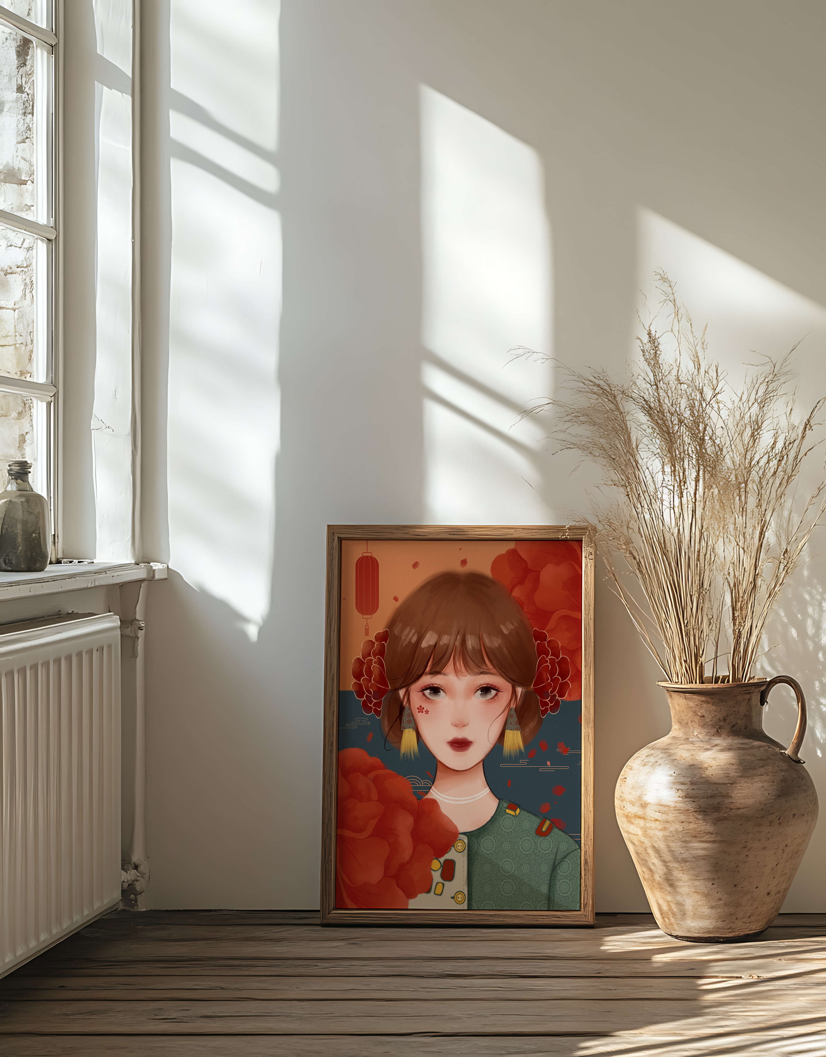 Illustration of a woman adorned with floral elements and traditional accessories