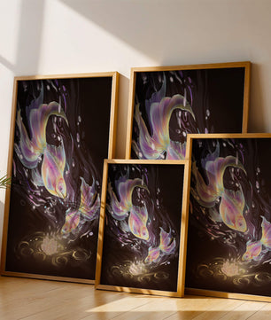 Colorful Koi Fish in a Dreamlike Underwater Scene with Illuminated Elements