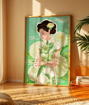 Mujer elegante en vestido tradicional floral con expresión serena