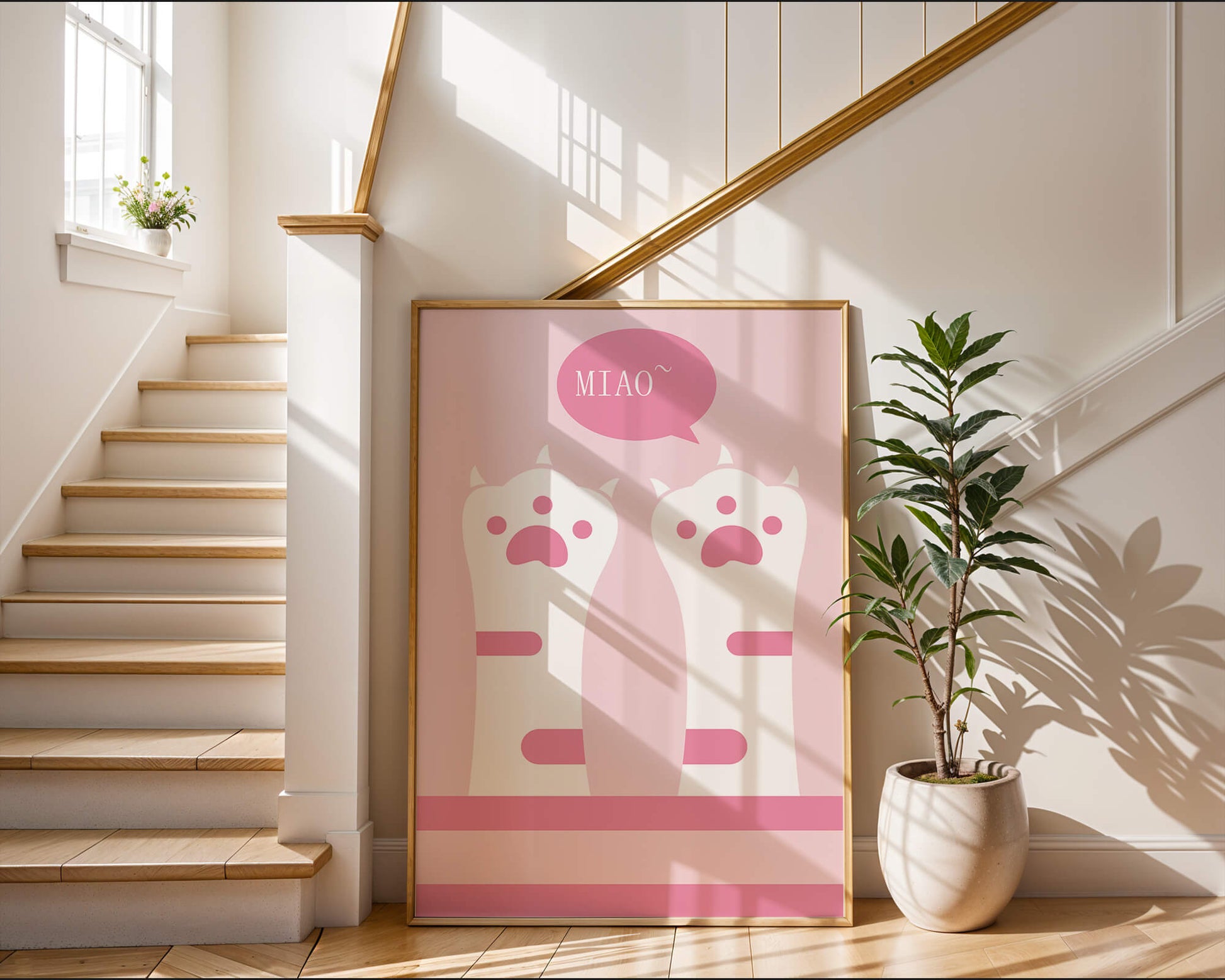 Playful cat paws illustration with speech bubble saying "Miao"