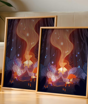 Magical forest scene with lantern and glowing hair