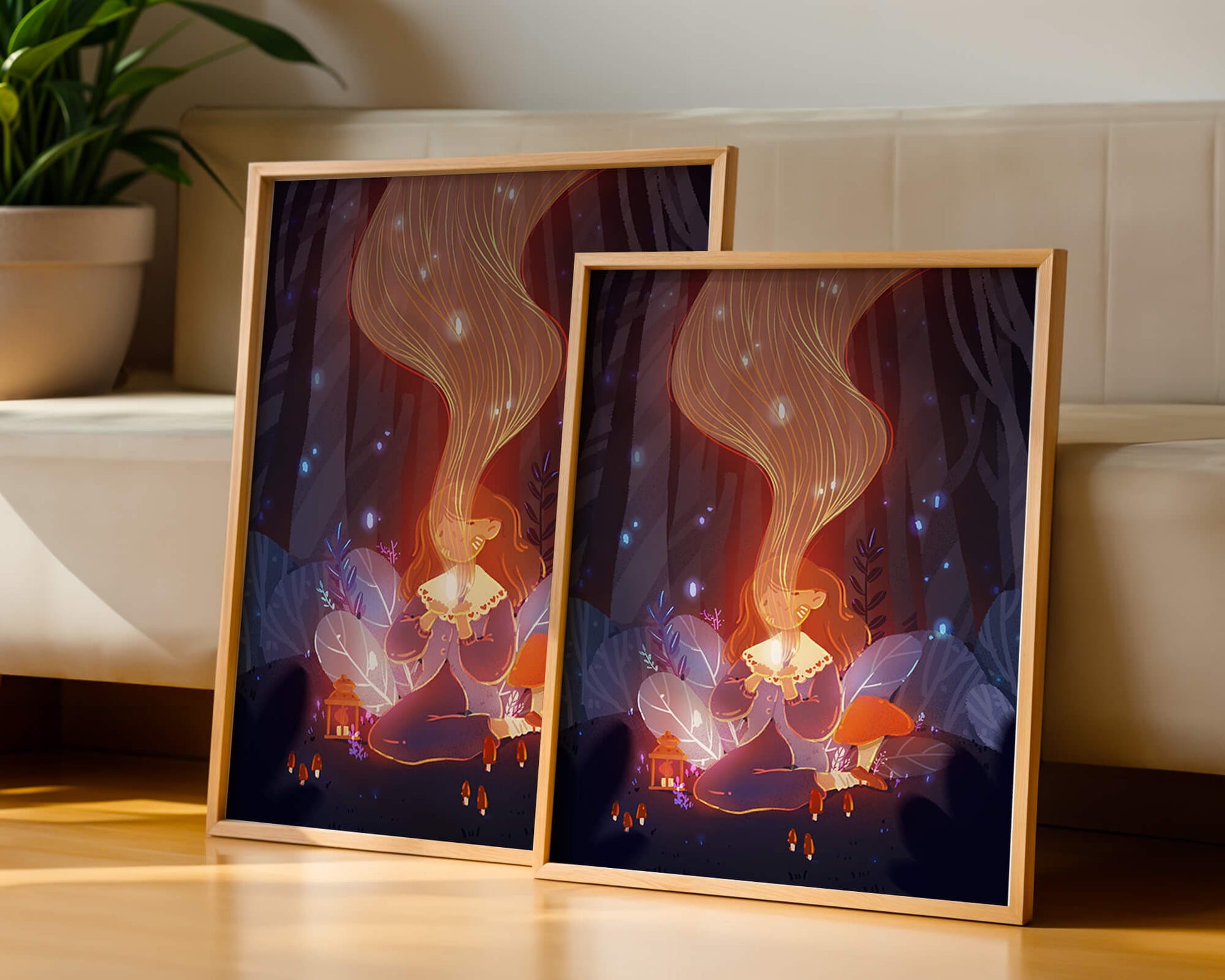 Magical forest scene with lantern and glowing hair
