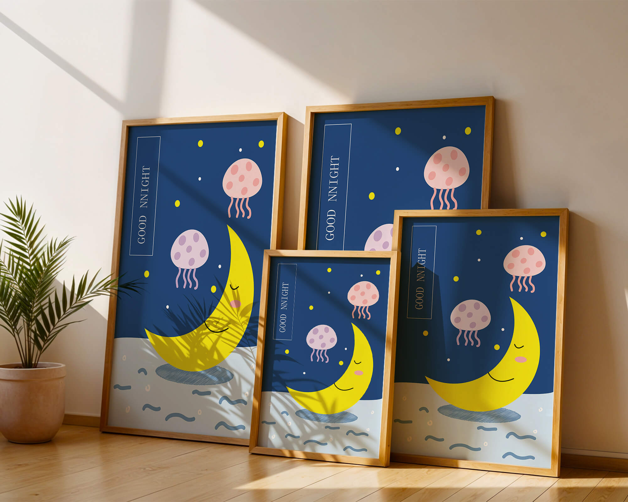 Whimsical night scene with a smiling moon and playful jellyfish