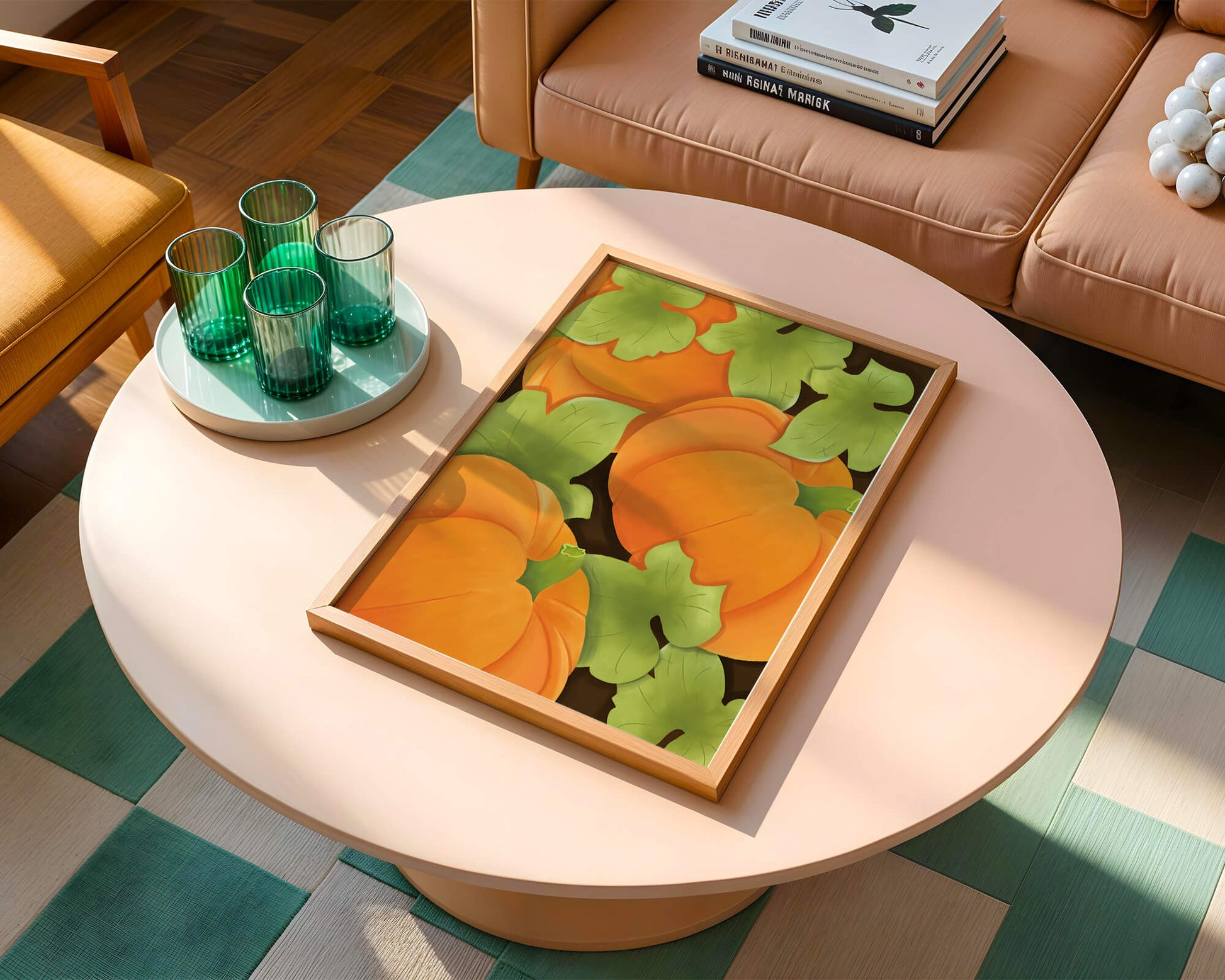 Colorful Pumpkin Pattern With Green Leaves