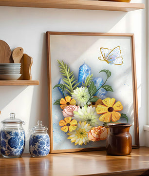 Floral and crystal arrangement with golden butterfly