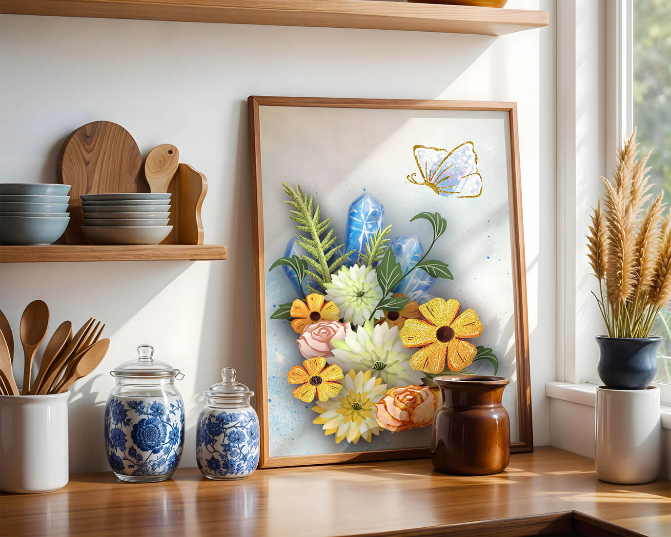 Floral and crystal arrangement with golden butterfly