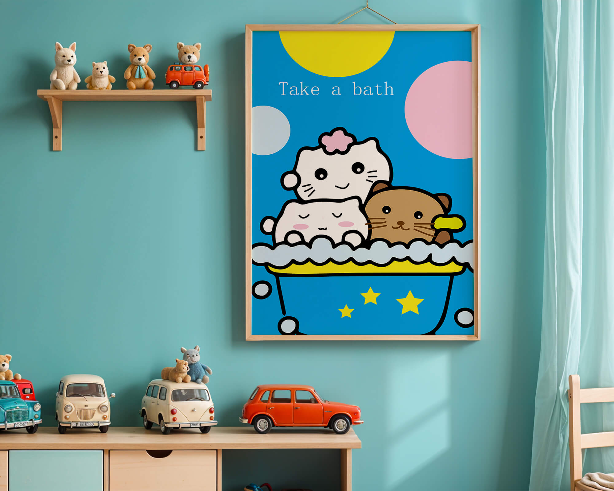 Adorable cartoon characters in a bubble bath with vibrant background