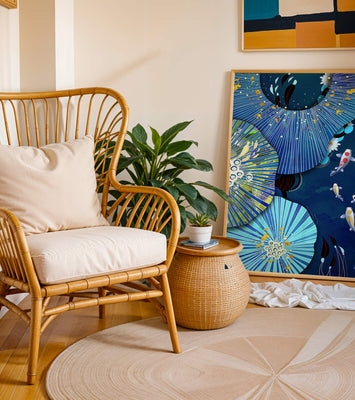 Vibrant underwater scene with koi fish and abstract floral design