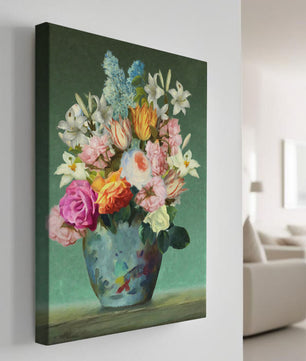 Floral arrangement in a decorative vase on a green background
