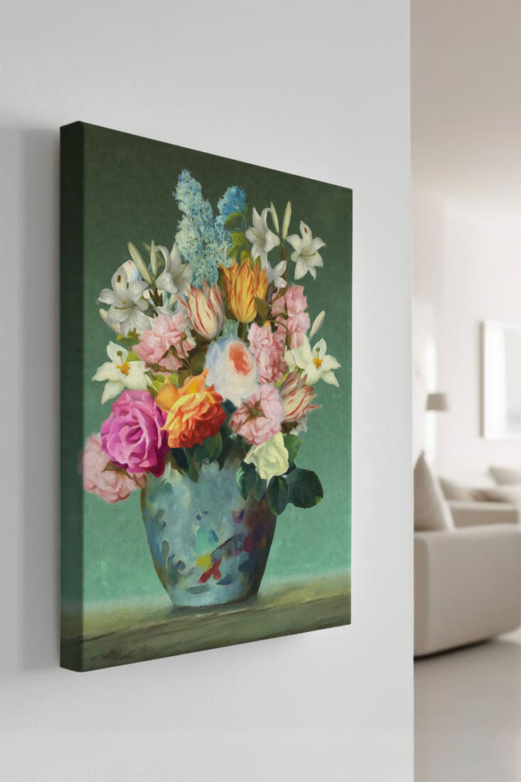 Floral arrangement in a decorative vase on a green background