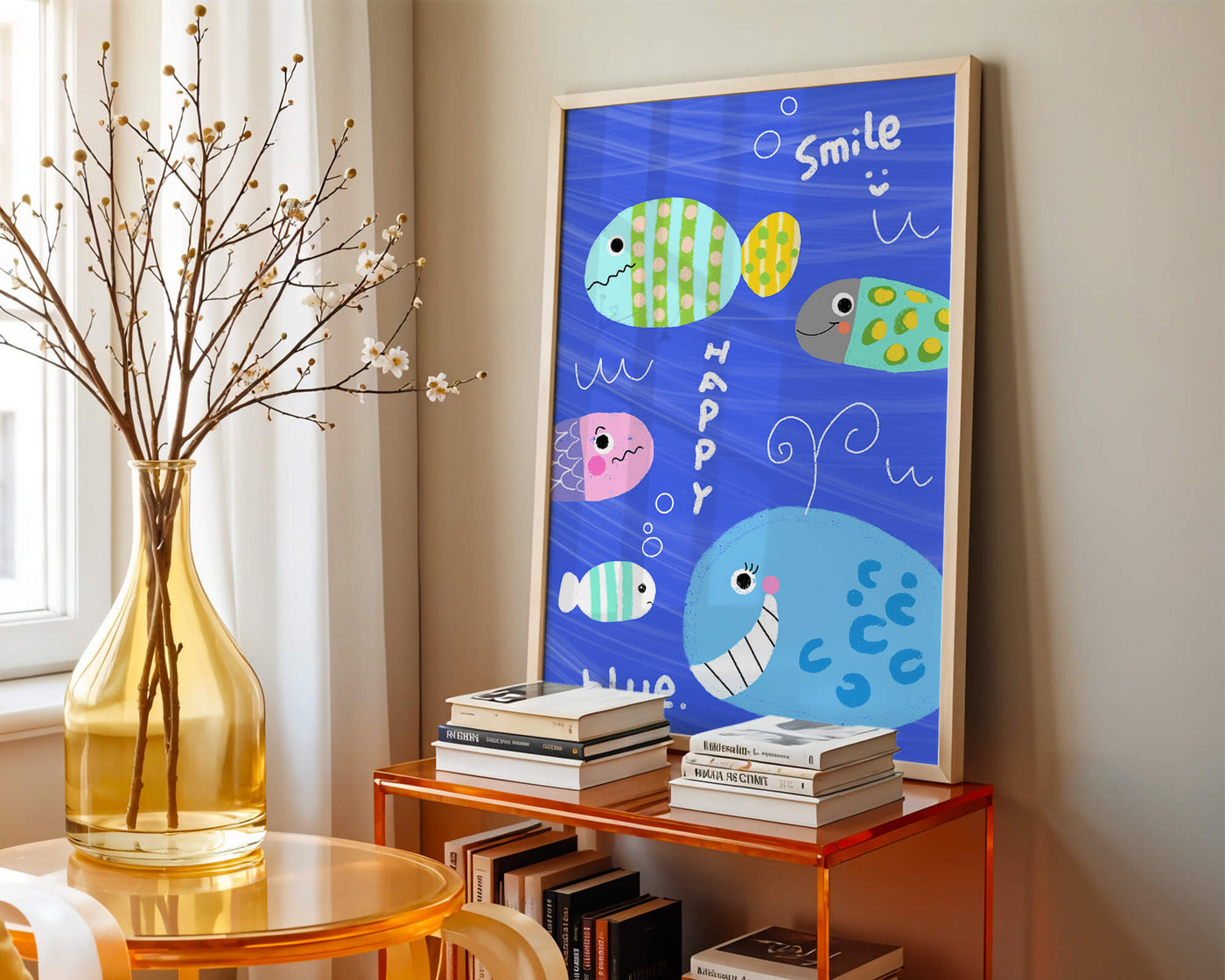 Colorful underwater scene with smiling cartoon fish