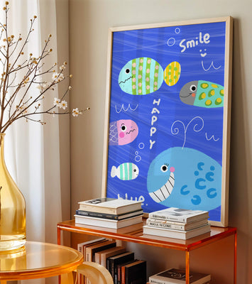 Colorful underwater scene with smiling cartoon fish