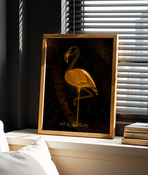 Elegant golden flamingo on abstract dark background