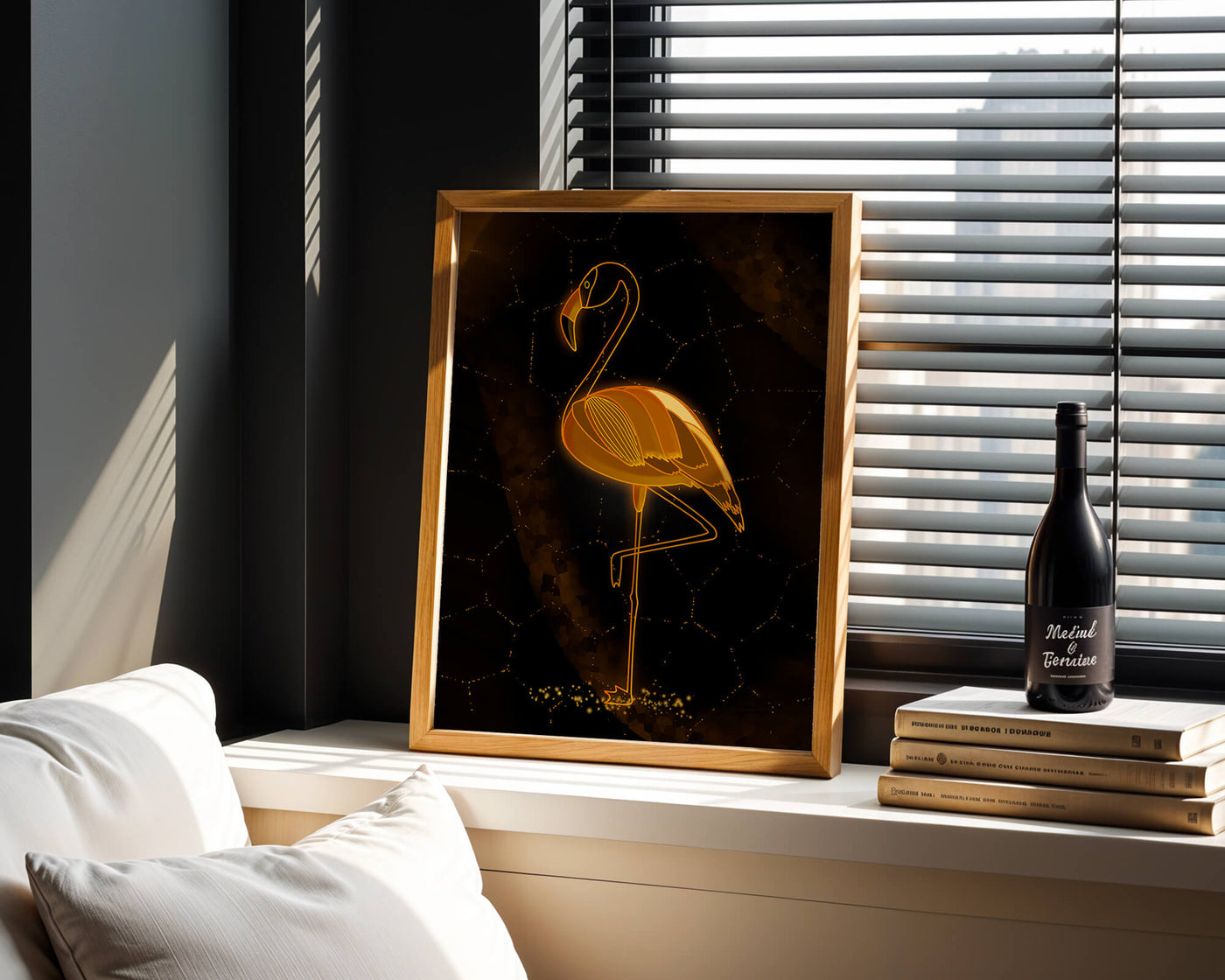Elegant golden flamingo on abstract dark background