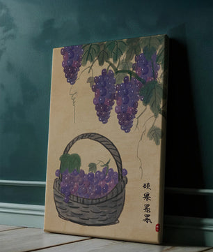 Basket Of Grapes With Vine Leaves In Traditional Style