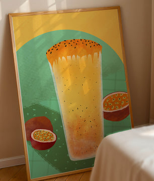 Illustrated tropical passion fruit drink with fresh slices