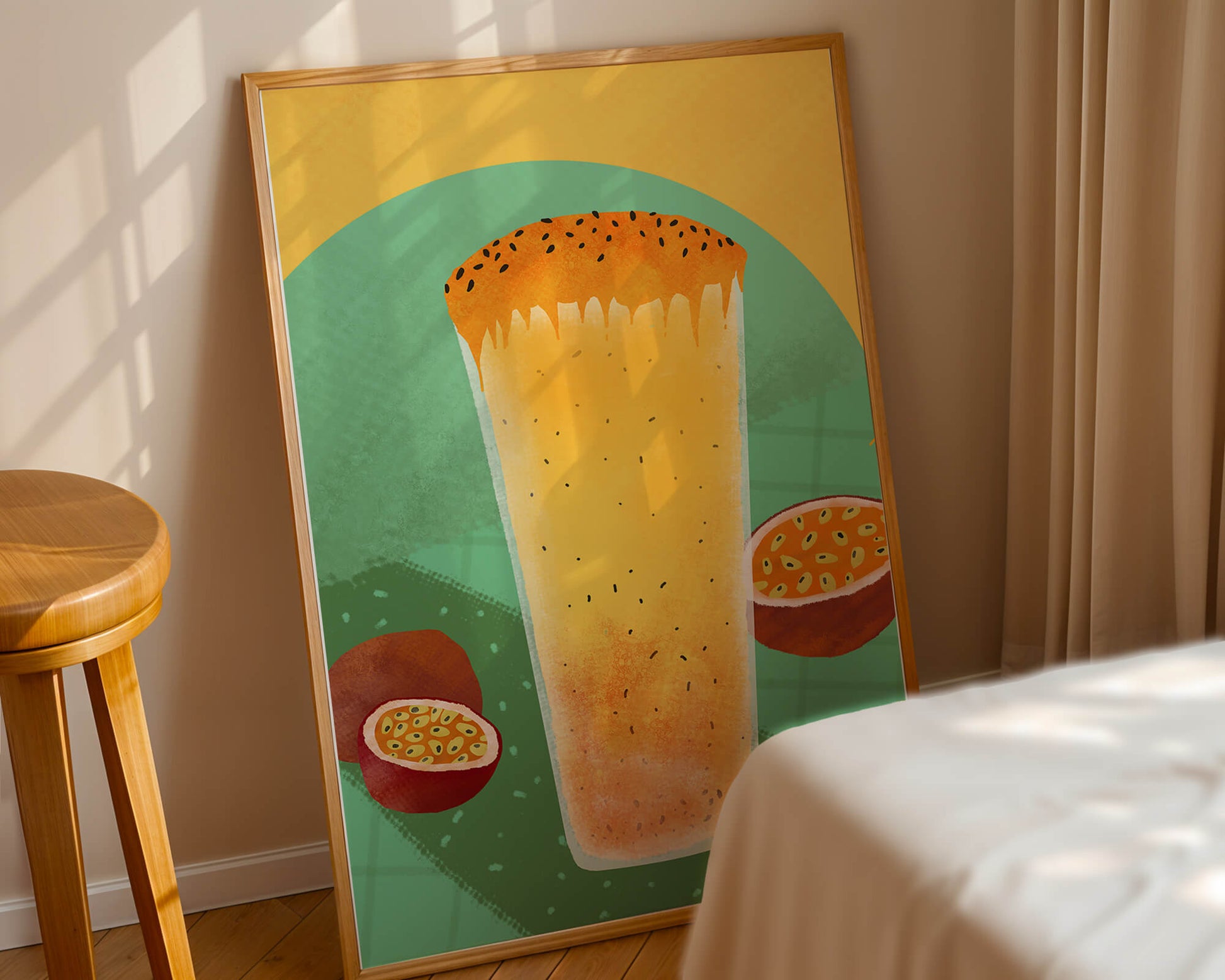 Illustrated tropical passion fruit drink with fresh slices