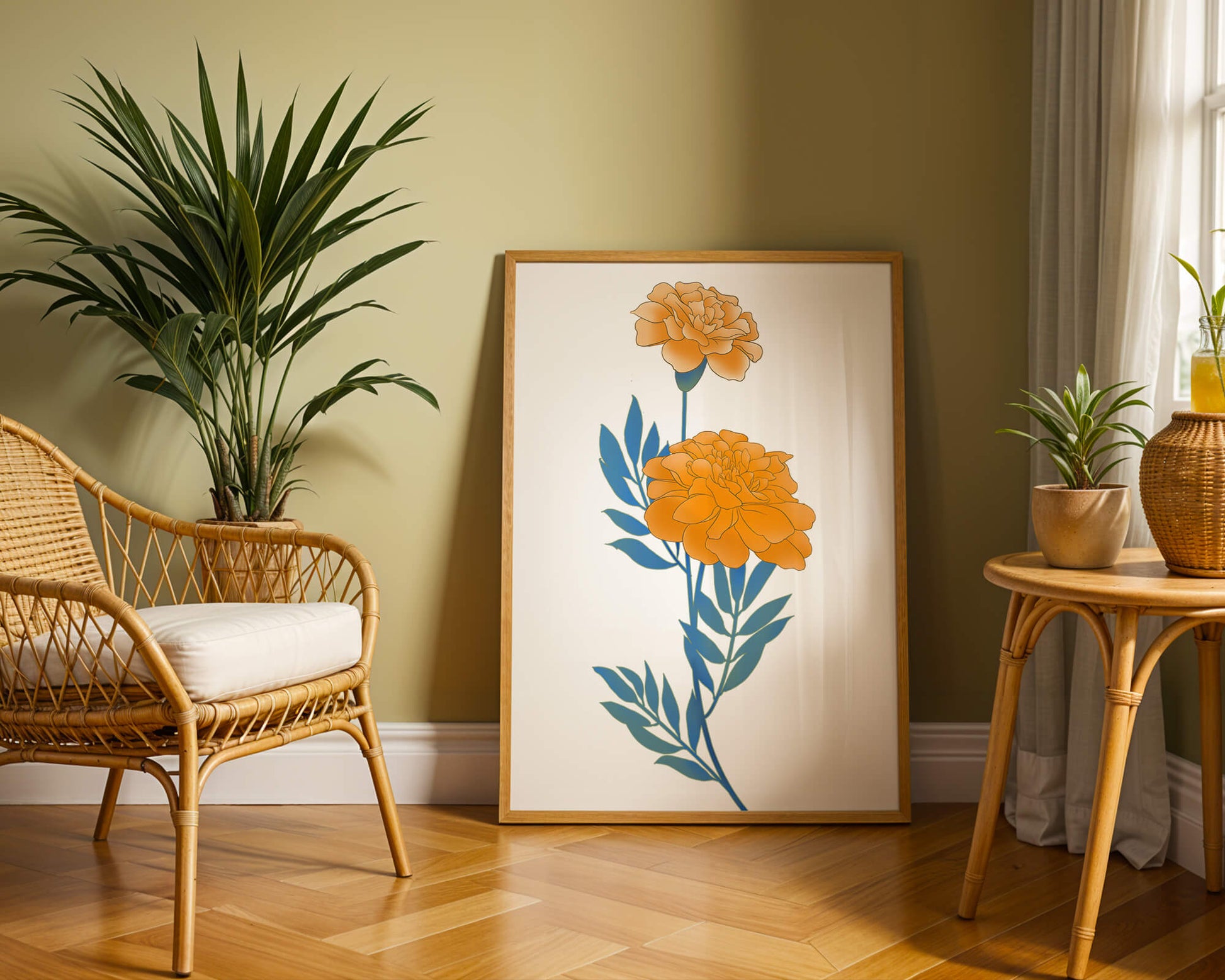 Elegante Illustration lebendiger Ringelblumen auf grünem Hintergrund