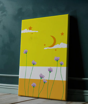 Illustrative landscape with crescent moon, stars, and flowers
