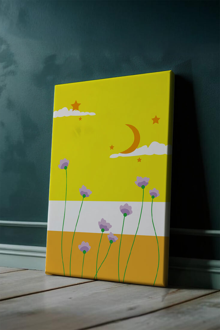 Illustrative landscape with crescent moon, stars, and flowers
