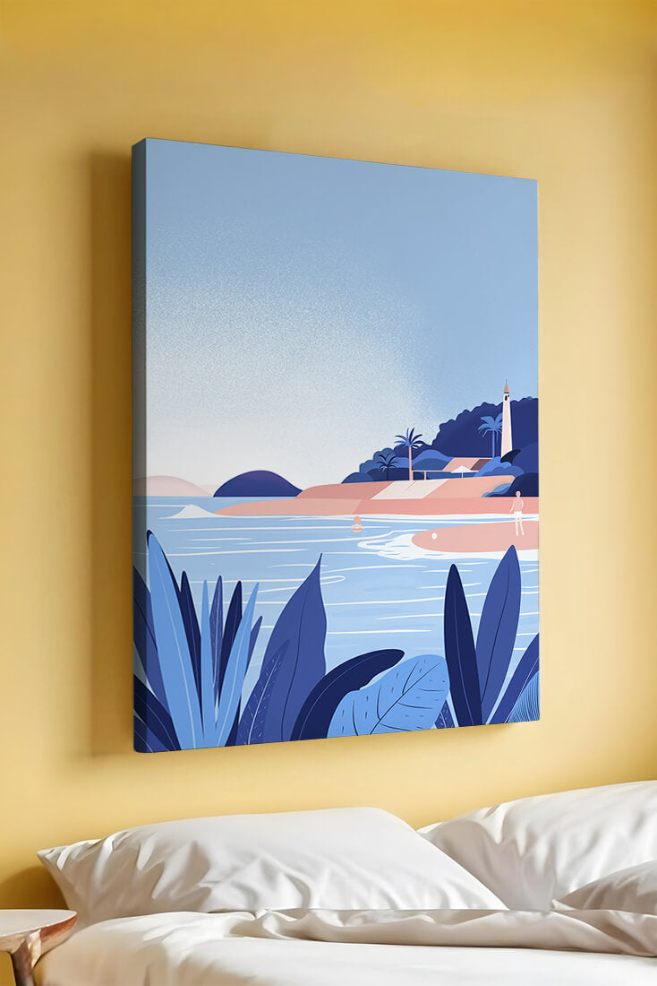 Serene seaside scene with lighthouse and tropical foliage