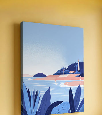 Serene seaside scene with lighthouse and tropical foliage