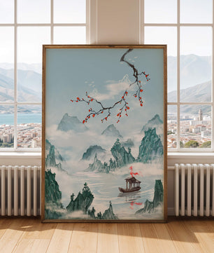 Chinese Landscape with Cherry Blossoms and Boat in Misty Mountains - Mi tienda